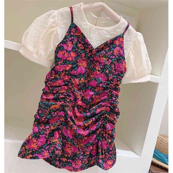 

summer girls' clothes suit wrinkled floral sling dress+inner short sleeve fashion cute children's baby kids clothing sets 210625, White