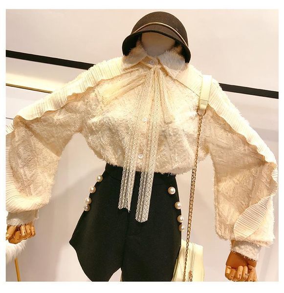 

women's blouses & shirts lolita bow collar ladies office work elegant female frill ruffles sleeve tassel emblishment long slim, White