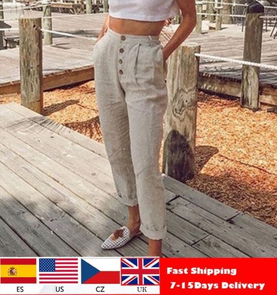 

loose casual summer high waist women jean trousers beige cotton harem pants autumn spring, Blue