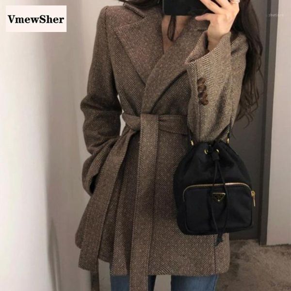 

vmewsher elegant winter women woolen coat with belt long sleeve jacket warm outwear stylish notched collar lady overcoat women's wool &, Black
