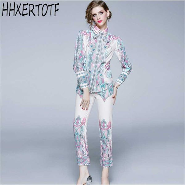

spring autumn fashion women's pant suits runway bowknot printed shirt + vintage slim trousers sets 210531, White