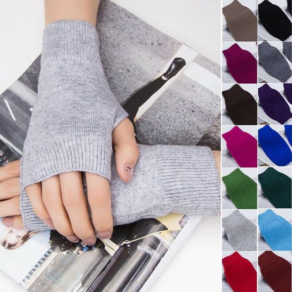 

five fingers gloves winter female fingerless without women cashmere warm hand wrist warmer knit solid, Blue;gray