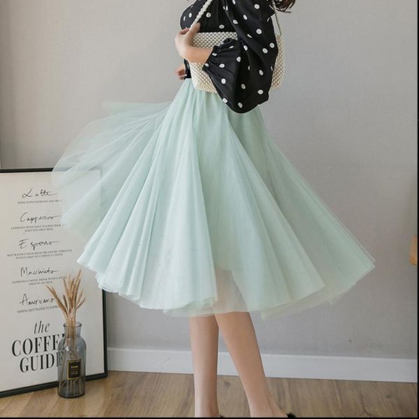 

spring tulle voile elastic women skirts high waist long mesh summer beach a line maxi midi, Black