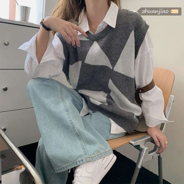 

sleeveless sweater vest female autumn grey folding top, White