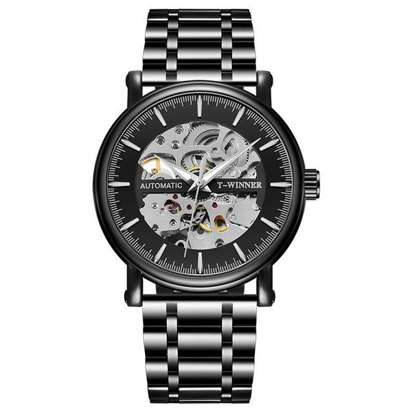 

wristwatches t-winner brand fashion watch black stainless steel men's mechanical business luminous waterproof casual clock, Slivery;brown