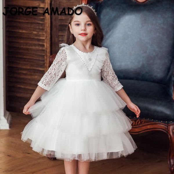 Abito da bambina in pizzo a maniche lunghe per ragazze primaverili Gonna per torta formale da principessa Flower Girl es per matrimoni E852 210610