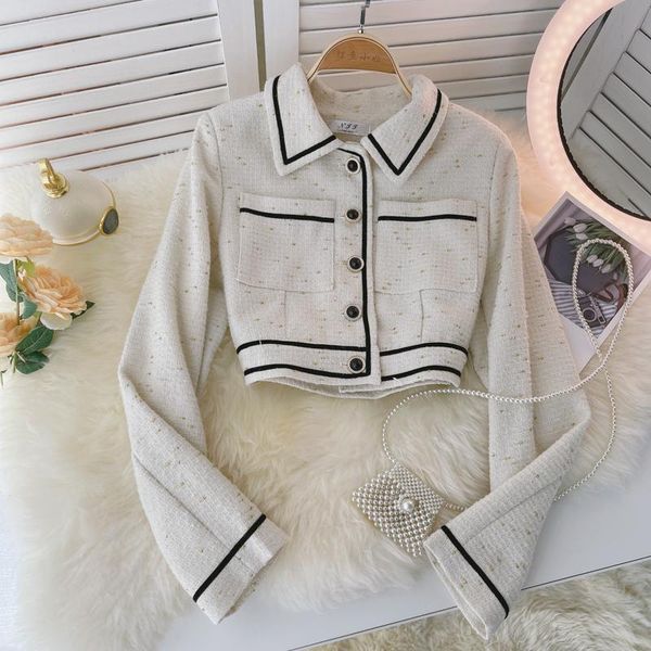 

women's jackets patchwork tweed women lapel long sleeve office lady wool coats autumn winter pockets outwear vintage korean elegant, Black;brown