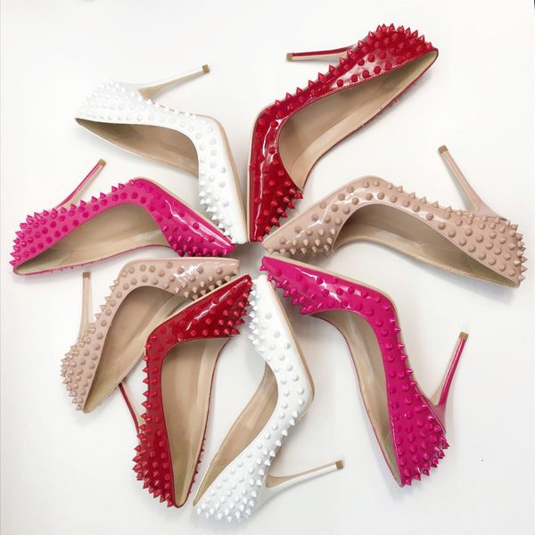 

dress shoes luxury salon high heels rivet pointed shoes bright red background wedding bride black bomb heels12cm10cm 8cm 4nbv