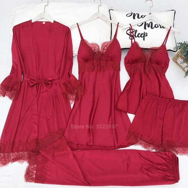 

womens sleepwears solid color women pajamas sleeveles set silk satin smoooth sleepwear home wear breathable comfy 5pcs nightwear, Black;red