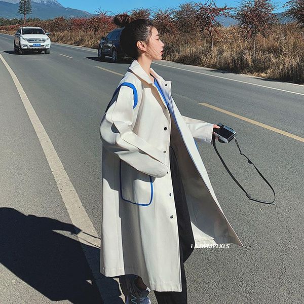 

women's trench coats blue white minimalist windbreaker spring autumn 2021 korean loose long single-breasted stitching coat female, Tan;black