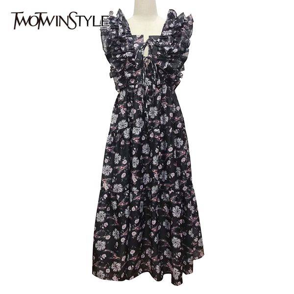

vintage hit color women's dress square collar sleeveless high waist patchwork ruffle print dresses female 210423, Black;gray