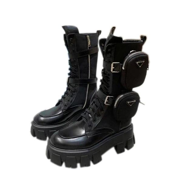 

boots fashion genuine leather metal buckle pocket motorcycle women round toe lace-up chunky platform waterproof shoes, Black