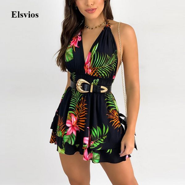 

casual dresses deep v-neck lady club party women summer halter backless beach fashion elegant floral print mini vestidos v48i, Black;gray