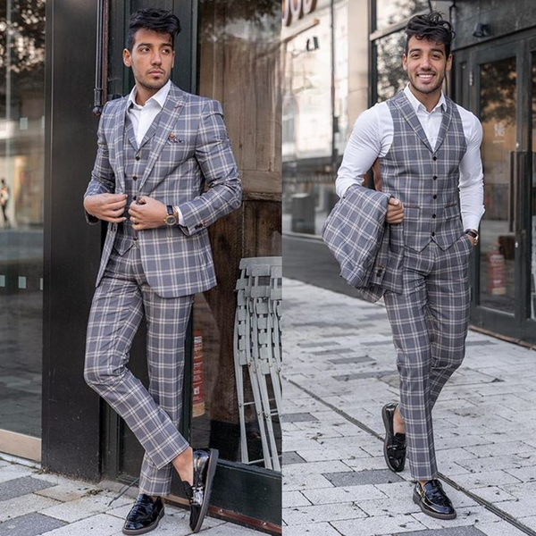 

2020 formal mens groom tuxedos suits plaid double breasted wedding men's suits peaked, Black