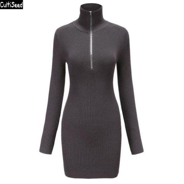 

casual dresses cultiseed european women zipper turtleneck big stretch skinny slim hip one step party dress female solid color gown clot, Black;gray