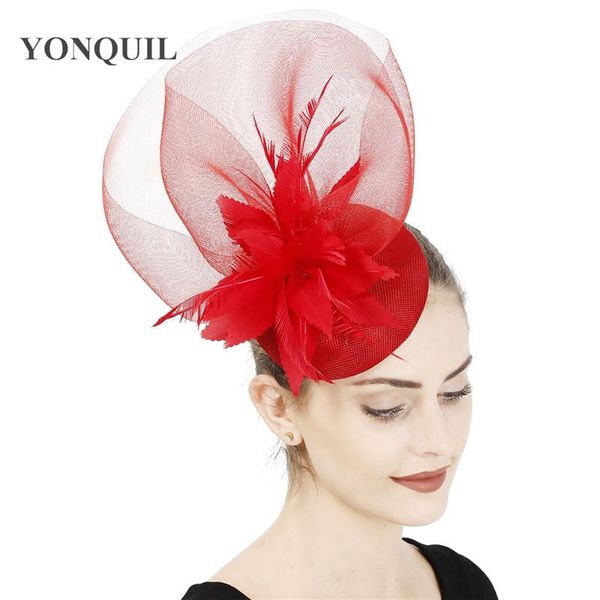 

red mesh wedding women headwear tulle fashion fascinators hats elegant ladies church occasion hair accessories fedora