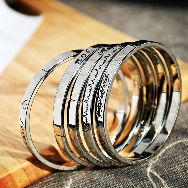 

bangle trendy love silver color stainless steel engrave letters 6mm thick couple jewelry personalized metal bracelets, Black