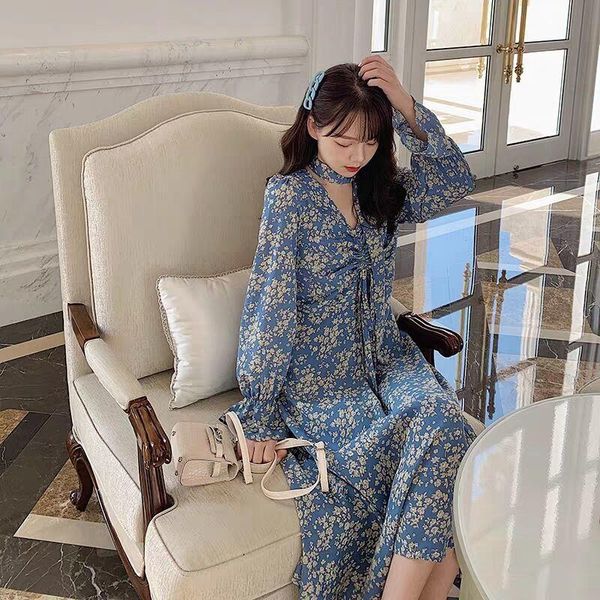 

women dresses autumn winter floral v-neck flared long sleeve dress vestido de mujer casual, Black;gray