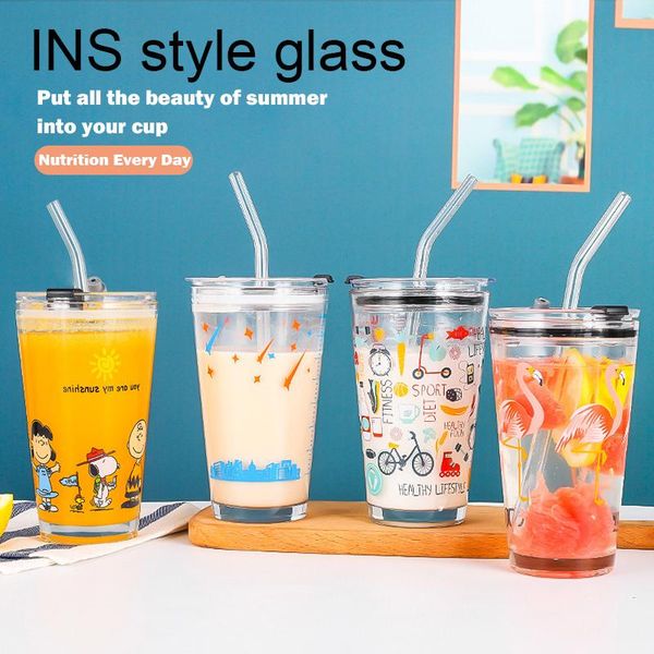 

mugs 500ml creative straw cup juice milk scale glass coffee mug simple cute net red plastic bottom portable graffiti