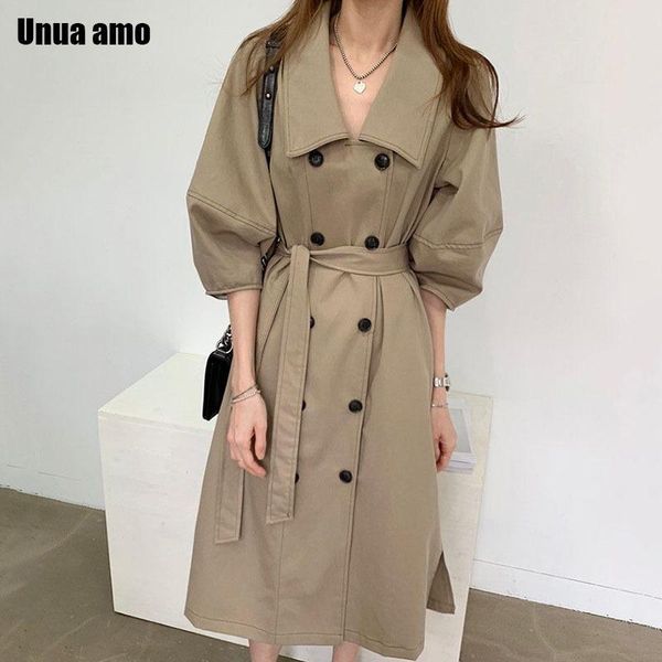 

women's trench coats unua amo 2021 retro lapel double-breasted long coat women korean style fashion chic puff sleeve bandage femme, Tan;black