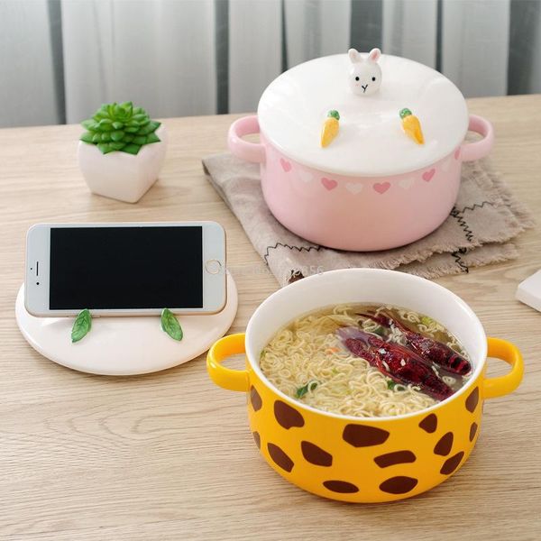 

japanese style cartoon instant noodle bowl with lid animal mobile phone holder ceramic binaural soup cute rice bowls