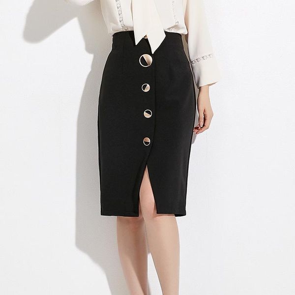 

skirts autumn winter women high waist black knee-length splitting skirt office lady business type wrap single button