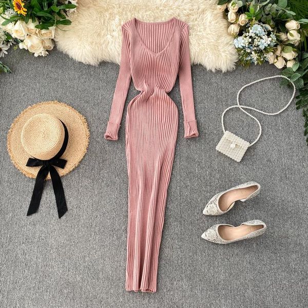 

casual dresses tripleleaf autumn winter knit warm sweater women knitted dress v neck slim elastic basic bodycon long, Black;gray