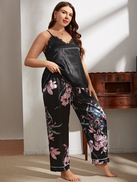 

plus satin lace trim cami & floral tie pants pajama set g5az#, Black;white