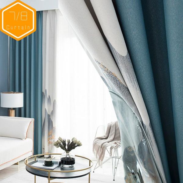 

chinese classical landscape stitching curtains full blackout for living room bedroom balcony window screens curtain & drapes