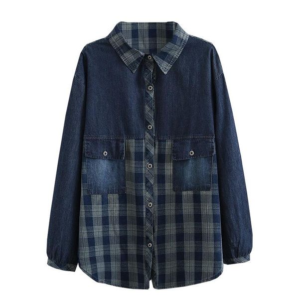 

plus size t-shirt spring/autumn women shirt 2021 fashion casual clothes loose long sleeve washed denim plaid blouses