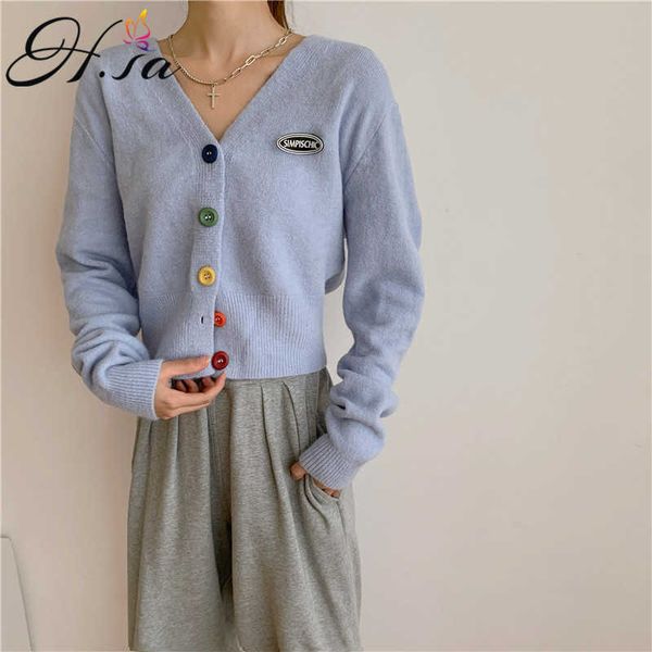 

h.sa women spring sweaters cardigans v neck chic knitwear open stitch sweaters colorful button short cropped knit cardigans 210716, White;black