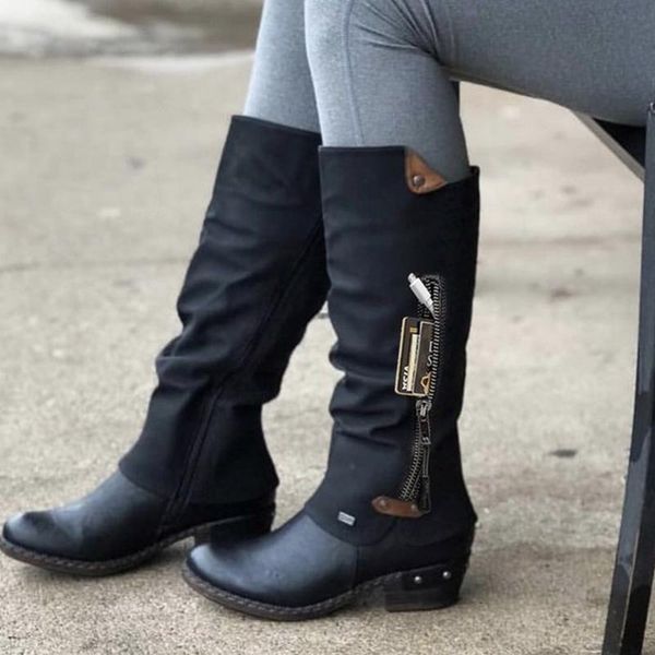 

boots women's mid calf vintage british pu leather woman low heel ladies fashion retro long women motorcycle, Black