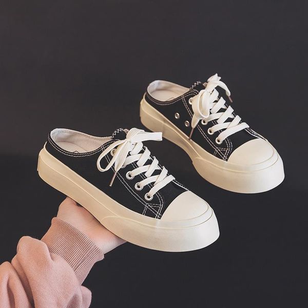 

slippers fashion low-women vulcanized shoes 2021 autumn canvas woman thick-soled inner increase casual, Black