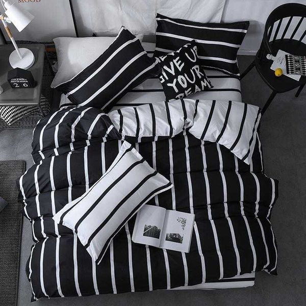 Solstice Cama Set Duvet Capa Fronha Cama Cama Preto e Branco Stripe Printing Quilt Camas Apartamento Queen Size 210615