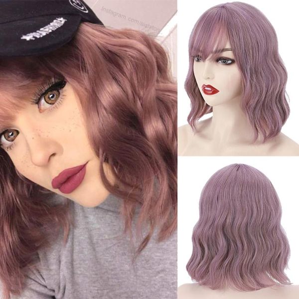 

synthetic wigs hairro short bob red wavy wig with bangs heat resistant fiber hair for black women party