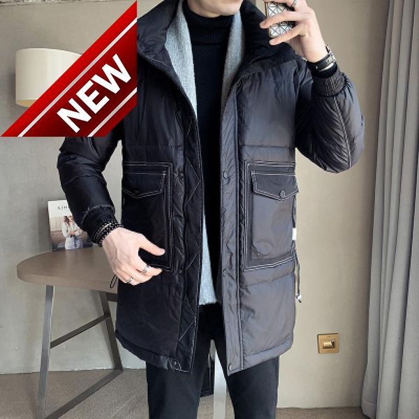 

2021 winter new fashion parkas white duck down jacket mens stand collar warm cold pu leather jackets slim casual outerwear man, Black