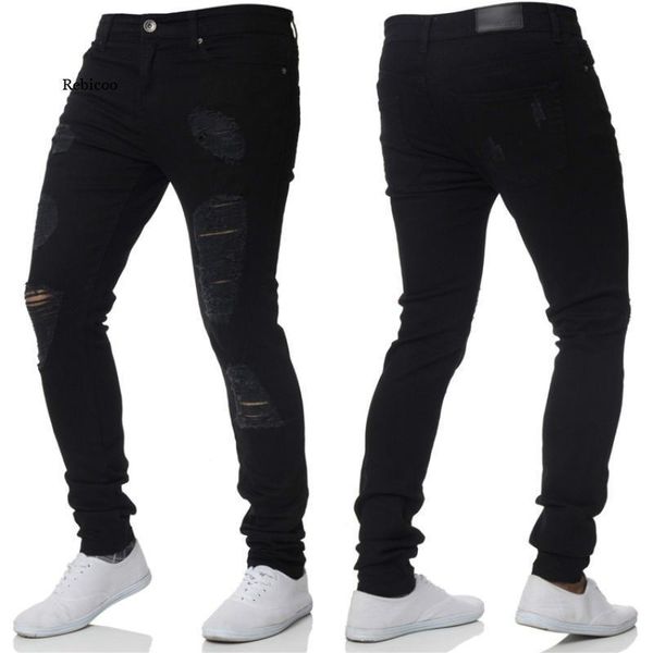 

men's jeans fashion hip hop pants slim fit ripped skinny streetwear, Blue