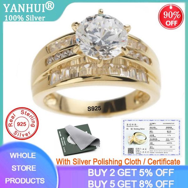 

cluster rings yanhui with certificate 100% original 925 silver gold color fashion european brand big 2.0ct cubic zircon for women, Golden;silver