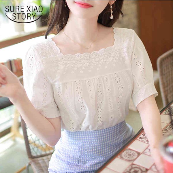 

summer short sleeve square collar korean ladies elegant embroidery solid floral white lace blouse clothing 8748 50 210417