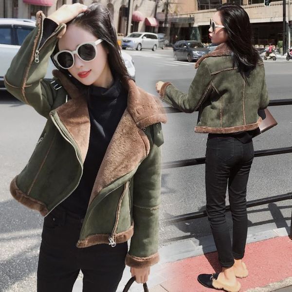 

women's fur & faux women 2021 autumn winter lamb suede leather jacket coat female turn-down collar thicken warm zipper outwear g781, Black