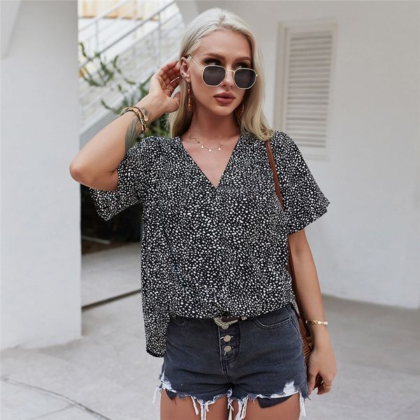 

spring new leopard print women short sleeve v neck blouses ladies loose summer floral pullover 210413, White