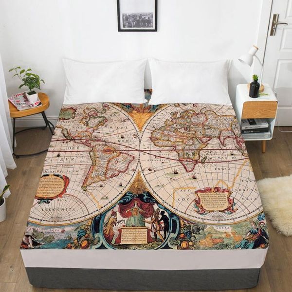 

sheets & sets 1pc 3d fitted sheet with elastic bed 135/150/180/200/160x200 mattress cover double queen king home textile vintage map
