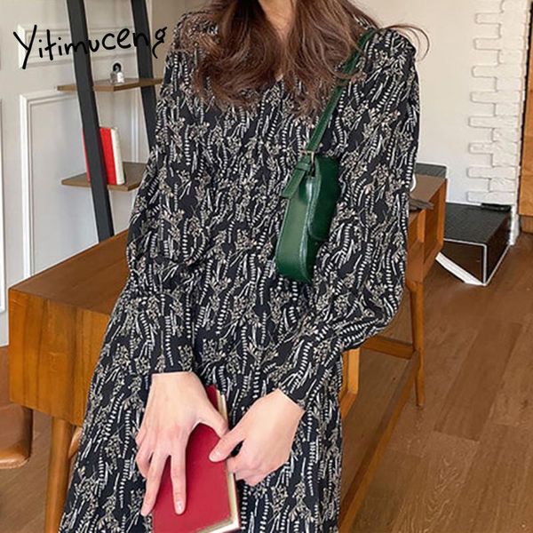 

casual dresses yitimuceng boho floral print women elegant maxi dress long sleeve korean fashion a-line v-neck black spring autumn 2021, Black;gray