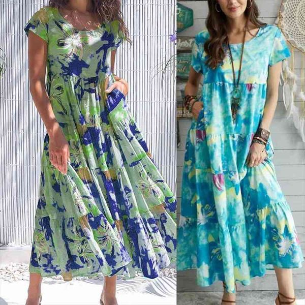 

summer blue tie dye print women dress casual large wing stitching beach long dresses, Black;gray