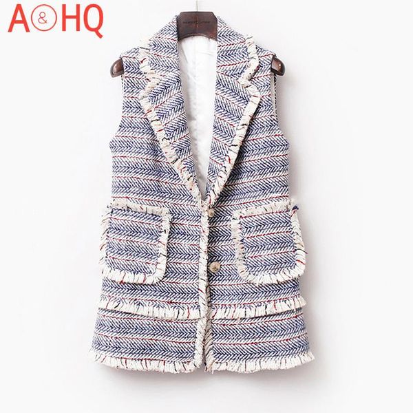

women's jackets blue striped jacket sleeveless 2021 spring / autumn winter tweed female ladies knitted tassel, Black;brown