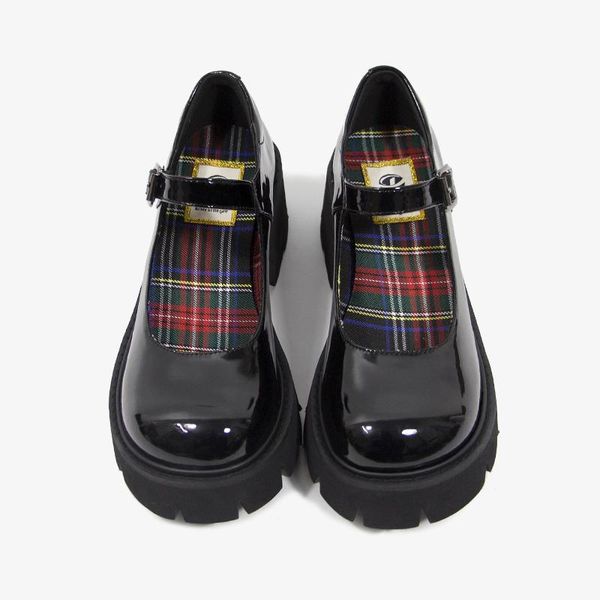 

patent leather vintage platform mary janes shoes women plaid inside high heel pumps round toe goth dress, Black