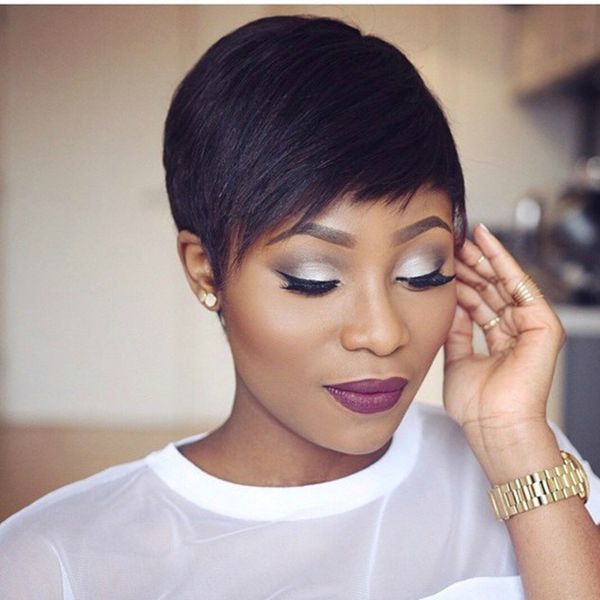 

pixie human hair short wigs malaysian straight with bangs natural color full none lace front wig for women black, Black;brown