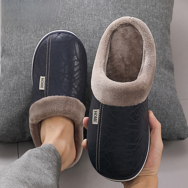 

men slippers home plus size pu leather slippers house winter waterproof indoor fur male memory foam massage cotton slipper, Black