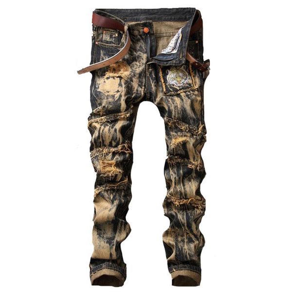 

men's jeans with ripped holes to straight leggings retro, Blue