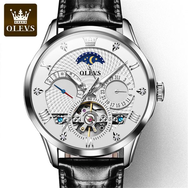 

new olevs automatic mechanical heroes clocks fire luxury gentlemen tours clock waterproof sports men leather relogio, Slivery;brown